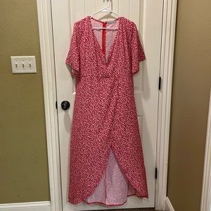 Red floral back zip short sleeve front slit dress